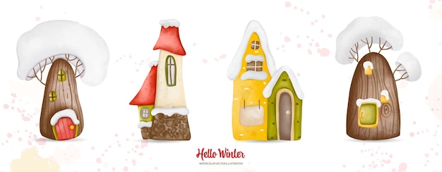 Акварельные зимние домики со снежной шапкой Цифровая краска акварель illustrationxDxA