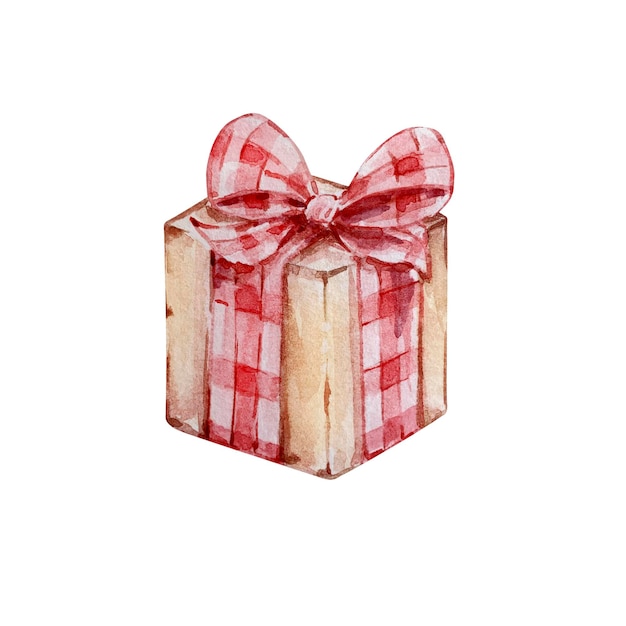 Watercolor winter illustration, christmas beige gift box with red bow on a white background