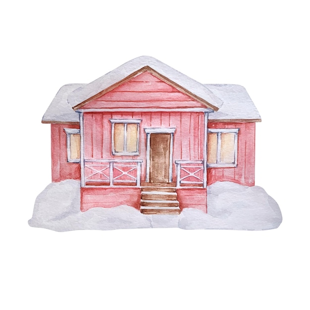 Watercolor winter illustration, red house in the snow isolated on white background