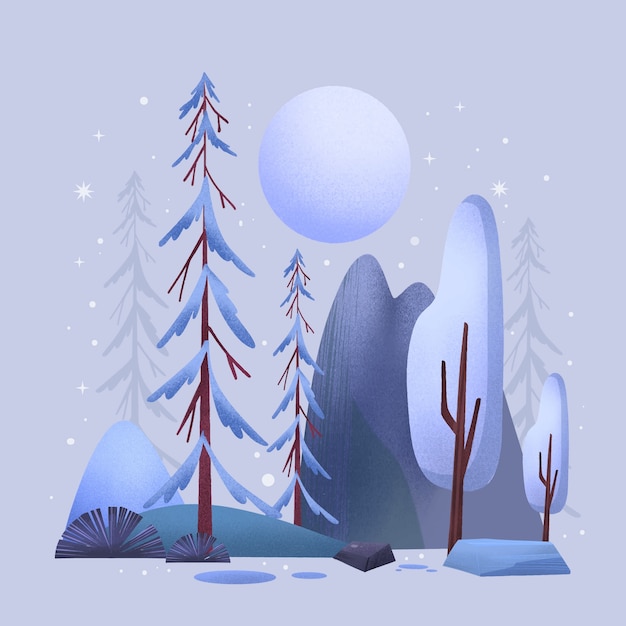 Vector watercolor winter illustration with nature landscape