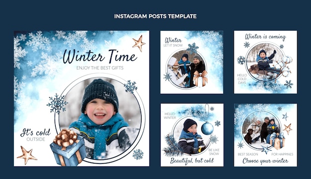 Vettore collezione di post instagram invernali ad acquerello