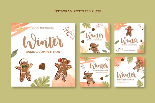 Vector watercolor winter instagram posts collection