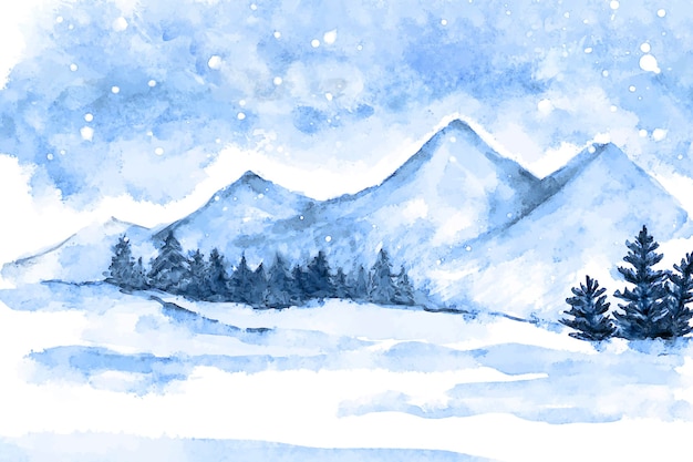 Vector watercolor winter landscape illustration