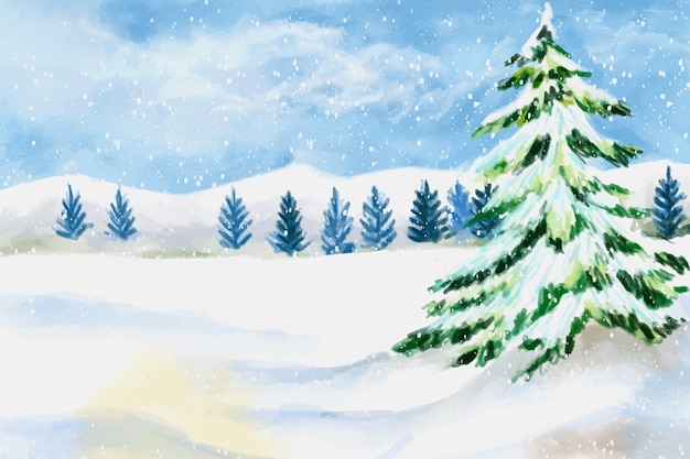 Vector watercolor winter landscape