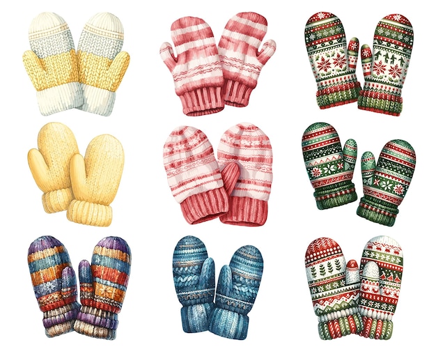 Watercolor winter mittens set winter accessories vector illustration