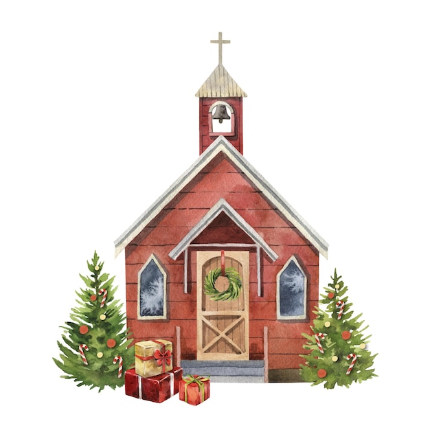 Vector watercolor winter retro christmas church