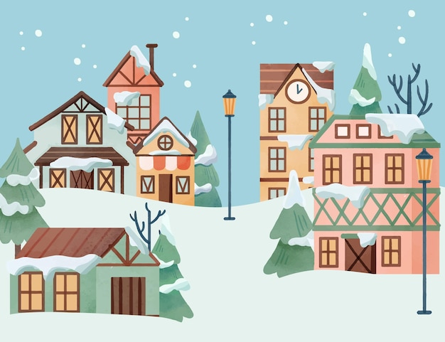 Vector watercolor winter village illustration