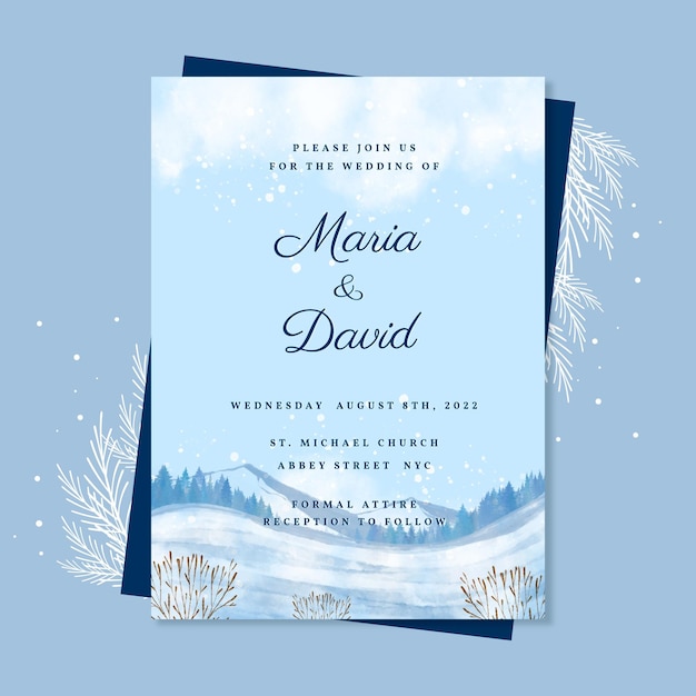 Vector watercolor winter wedding invitation template