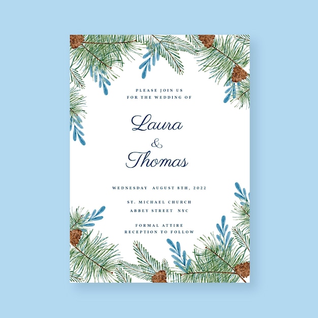 Vector watercolor winter wedding invitation template