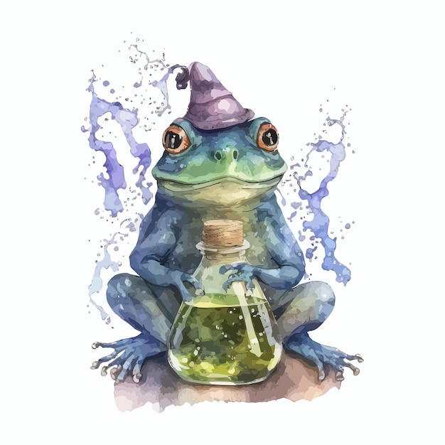 Watercolor witch potion frog illustration Handdrawn illustration isolated on white background in boho style