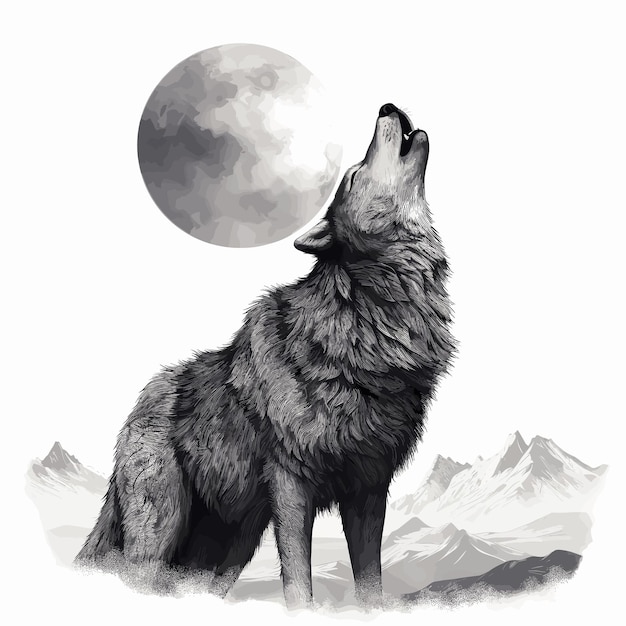 Vector watercolor wolf under the moonlight