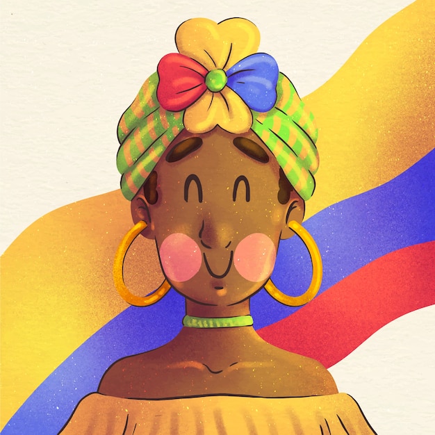 コロンビアの旗と水彩画の女性afrocolombianidadイラスト