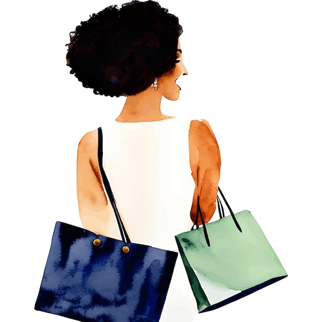 Watercolor woman and bag shopping