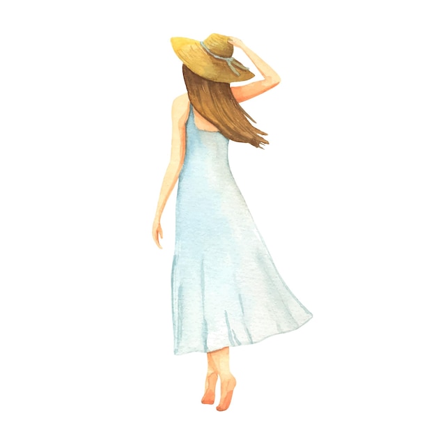 Watercolor Woman in long white dress and hat stands barefoot on tiptoe on seashore Female figure from back