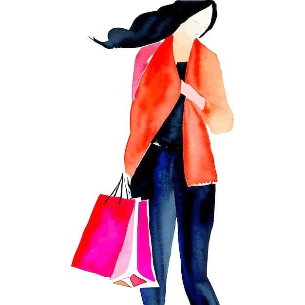 watercolor woman shopping