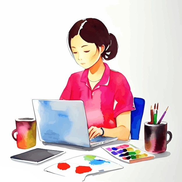 watercolor woman using laptop