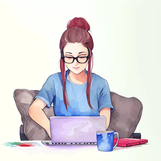 watercolor woman using laptop