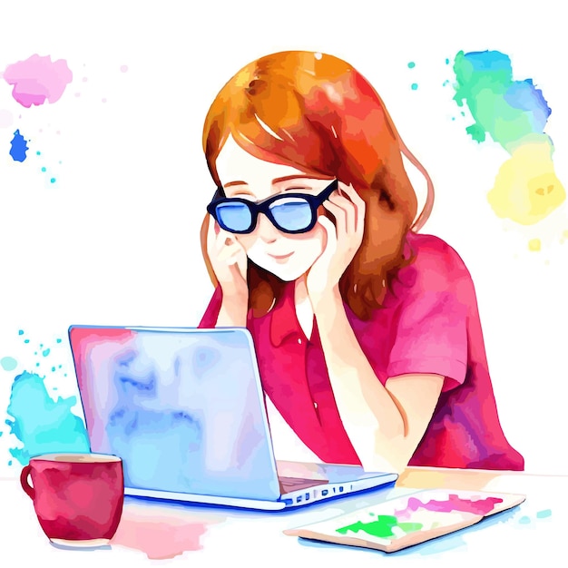 watercolor woman using laptop