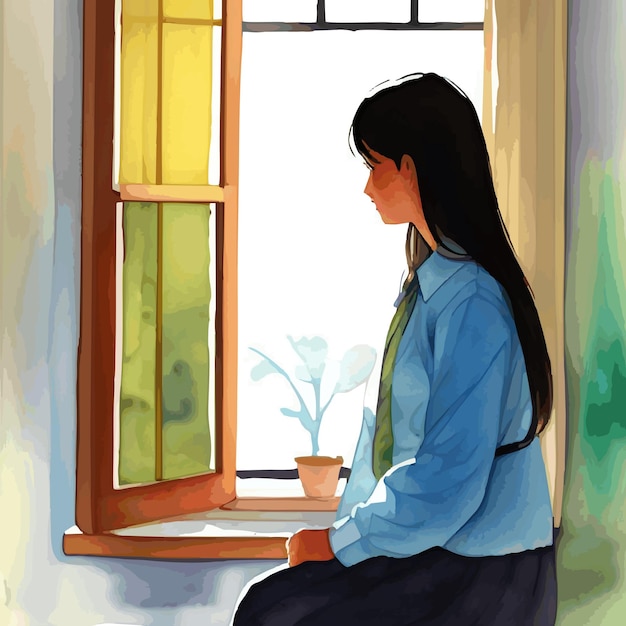 watercolor of a woman and a window