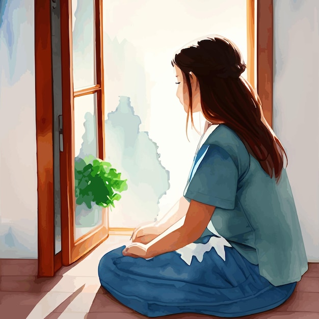 watercolor of a woman and a window