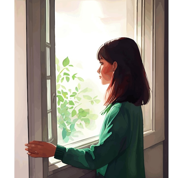 한 여자 와 창문 의 수채화