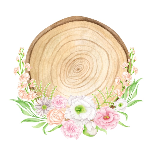 Watercolor wood sign with flowers illustration