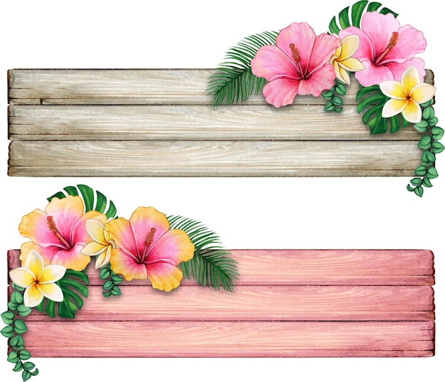 Vettore acquerello legno rigato con fiori tropicali