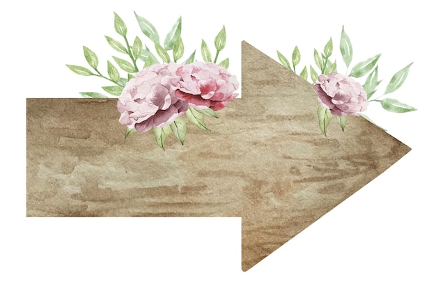 Watercolor wooden arrows with flowers wooden sign with arrow form natural tree watercolor beautiful texture wooden board signpost isolated on white peony with arrow