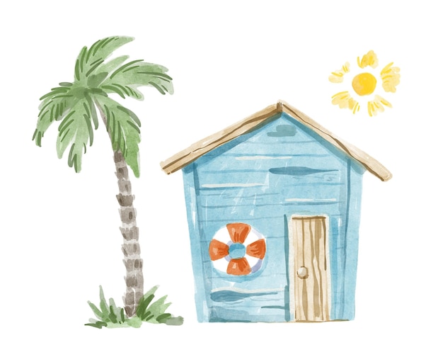 Watercolor wooden blue bungalow