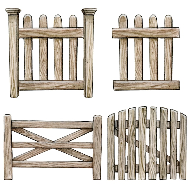 Vector watercolor wooden fence collection