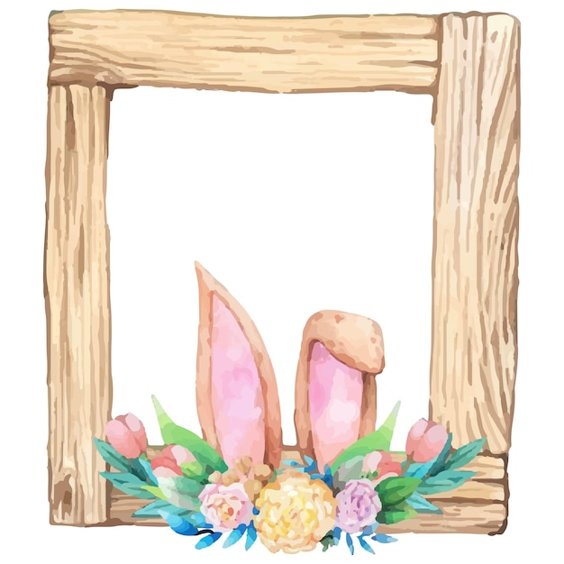 Vector watercolor wooden frame with spring easter decoration vector illustrationxa