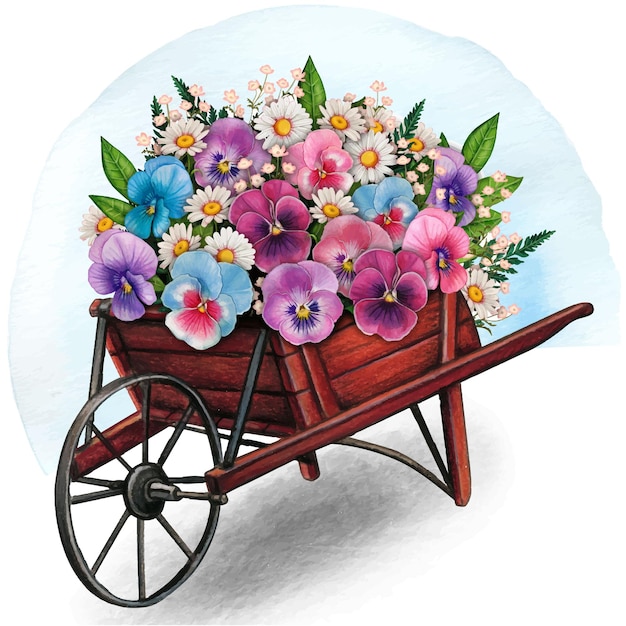 Watercolor wooden half wheelbarrow planter full of daisies and pansies