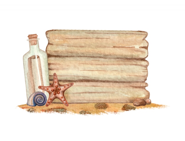 watercolor wooden plate with shell and bottle