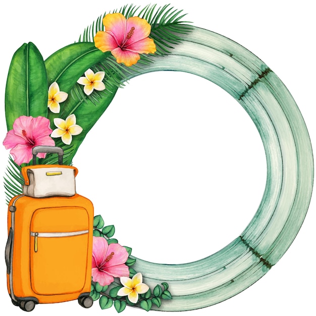 Vector watercolor wooden round frame with tropical flowers and suitcase