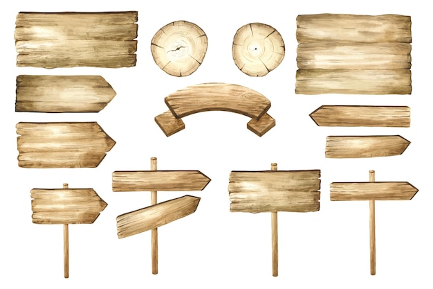 Набор акварельных деревянных вывесок и стрел. Акварельные рисованные указатели.
