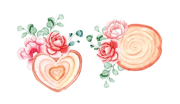 Vector watercolor wooden slice clipart set, wooden slice with floral composition for any events, hand paint