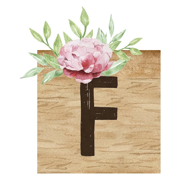 Watercolor wooden tile with capital letter F and flowers