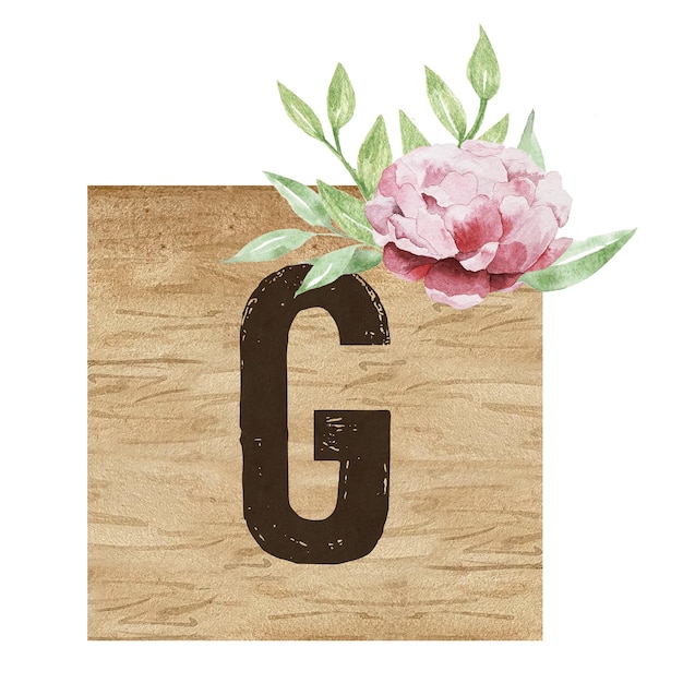 Watercolor wooden tile with capital letter G and flowers