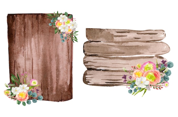 Watercolor wooden wedding boards decorated with flowers illustration