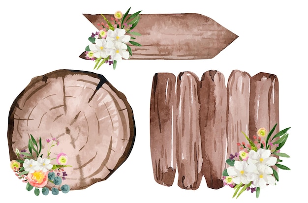 Vector watercolor wooden wedding boards decorated with flowers illustration