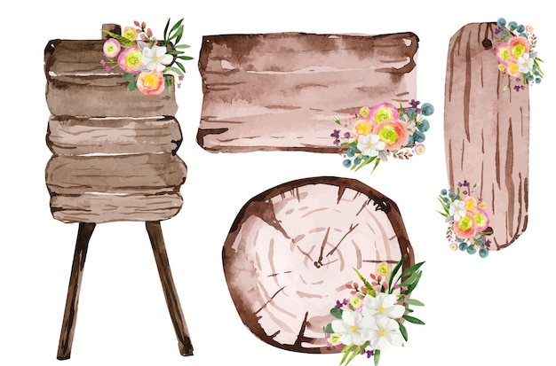 Watercolor wooden wedding boards decorated with flowers illustration