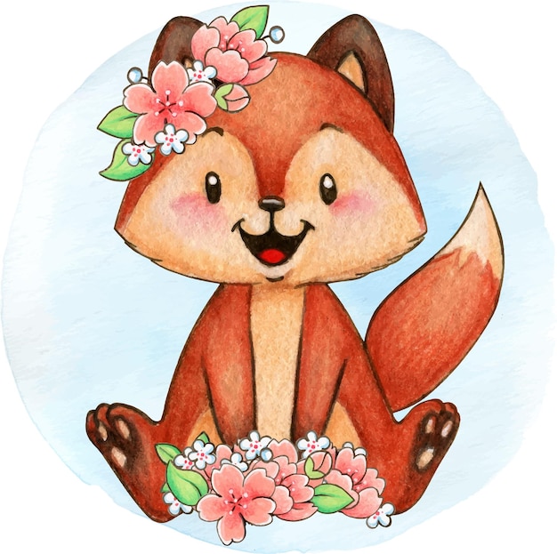 Watercolor woodland animal with cherry blossoms