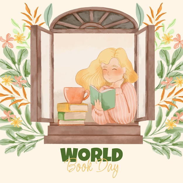 Watercolor world book day illustration