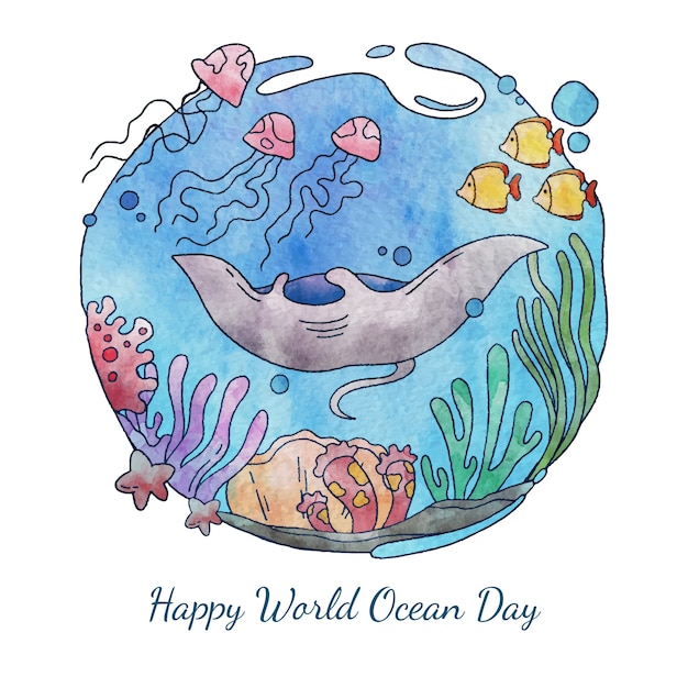 Vettore illustrazione di giornata mondiale degli oceani dell'acquerello