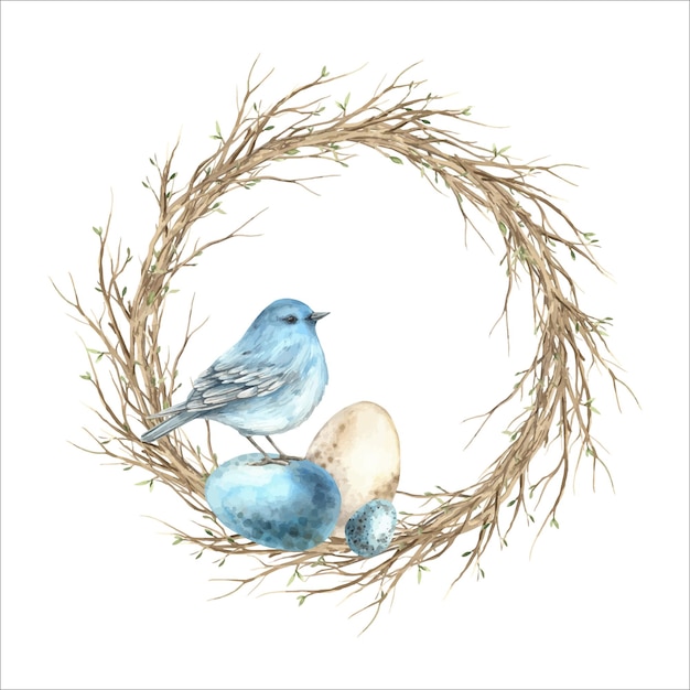 Watercolor wreath of branches with a blue bird and easter eggs easter holiday illustration hand draw