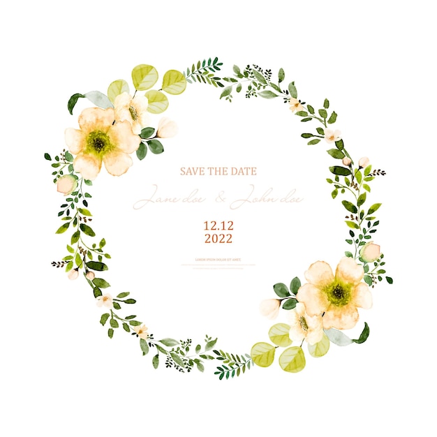 주황색 꽃과 잎이 있는 수채화 화환 디자인. 흰색 배경에 분리된 꽃 부케로 손으로 그린 수채화. 웨딩 카드 디자인, 초대장, 날짜 저장에 적합합니다.