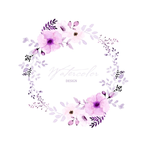 紫色の花と葉の水彩画の花輪のデザイン。白い背景で隔離の花の花束で手描きの水彩画。ウェディングカードのデザイン、招待状、日付の保存に適しています。