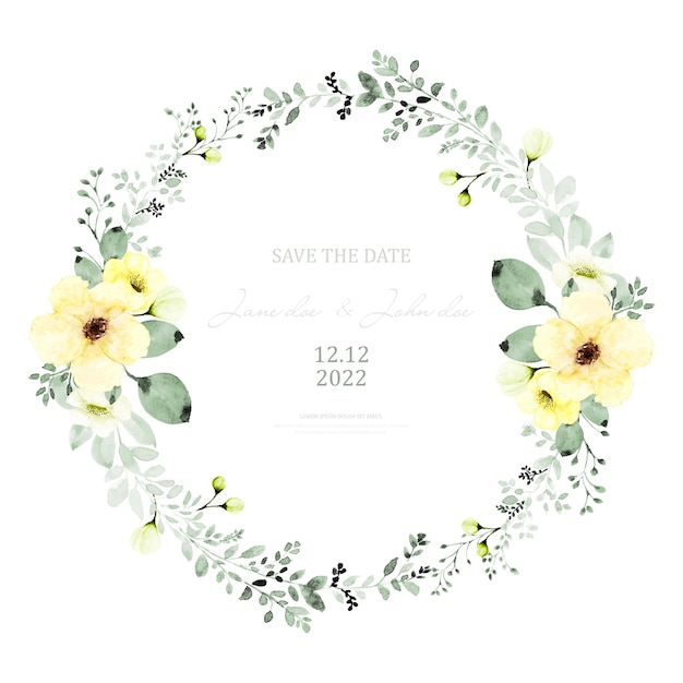 Disegno della corona dell'acquerello con fiori gialli e foglie verdi. acquerello dipinto a mano con bouquet floreale isolato su sfondo bianco. adatto per la progettazione di partecipazioni di nozze, inviti, save the date.