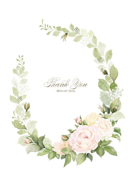 Watercolor wreath frame design with roses bouquet and leaves