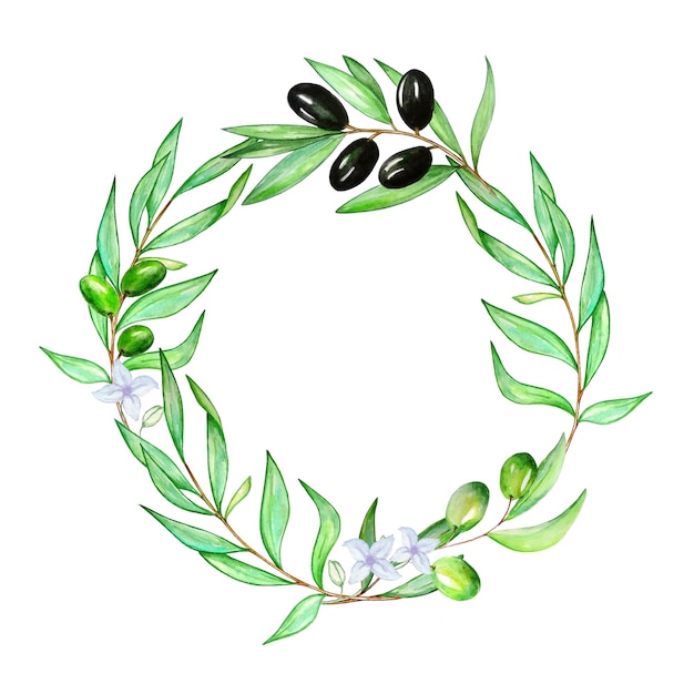 Watercolor wreath from a branch of an olive tree with leaves and olives